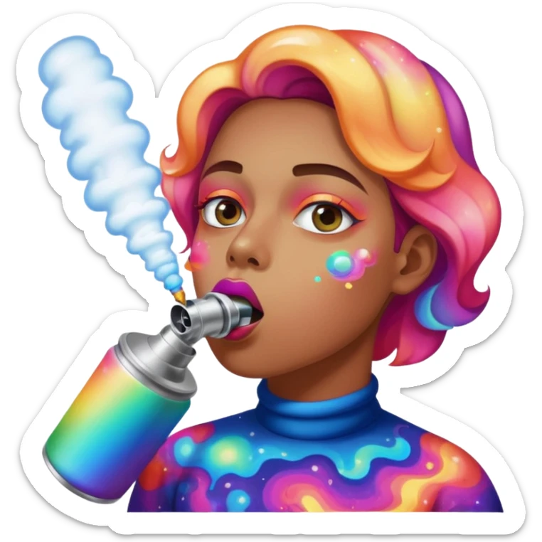Emoji-style face inhaling from Galaxy Gas nitrous oxide canister, mouth on nozzle, kaleidoscope psychedelic eyes, colorful vapor swirling sticker