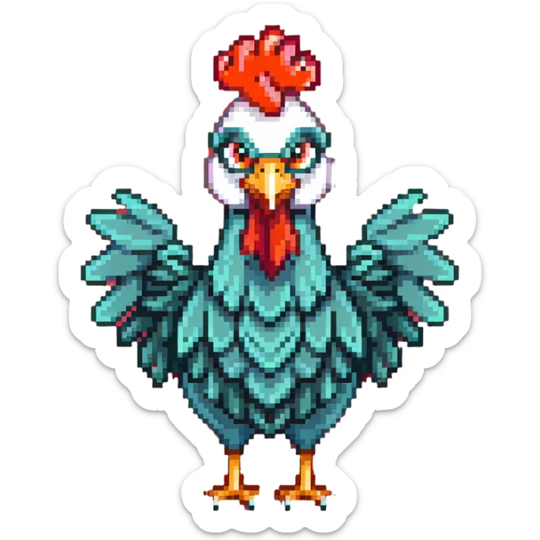 A cute blue-green rooster chicken with big eyes, red comb, small wings, skinny legs, and goofy expression sticker