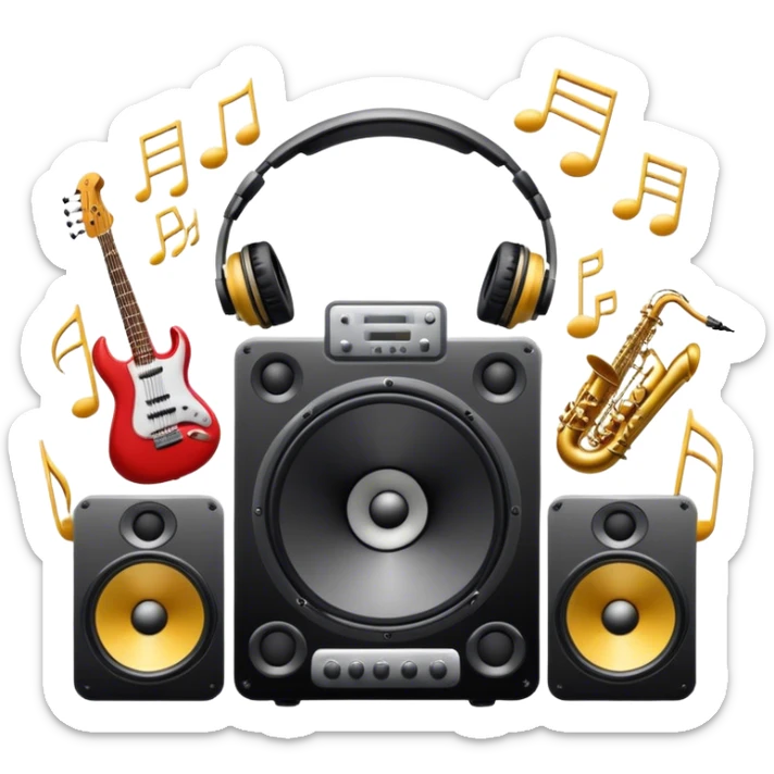Icon for R&B Music Listening: large concert speakers and headphones with waves of musical notes coming out, along with drums, bass guitar and saxophone. The icon should convey the energetic and rhythmic vibe of R&B music. Transparent background sticker