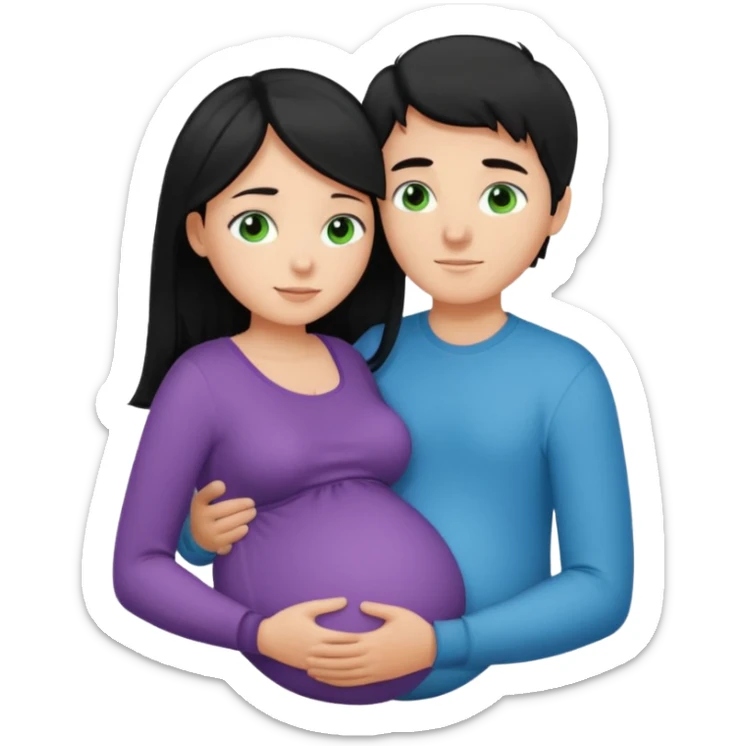 Make a couple hugging the girl is white with long black hair with blue eyes. The girl is hugging a boy with light brown short hair with green eyes. The boz is pregnant  sticker