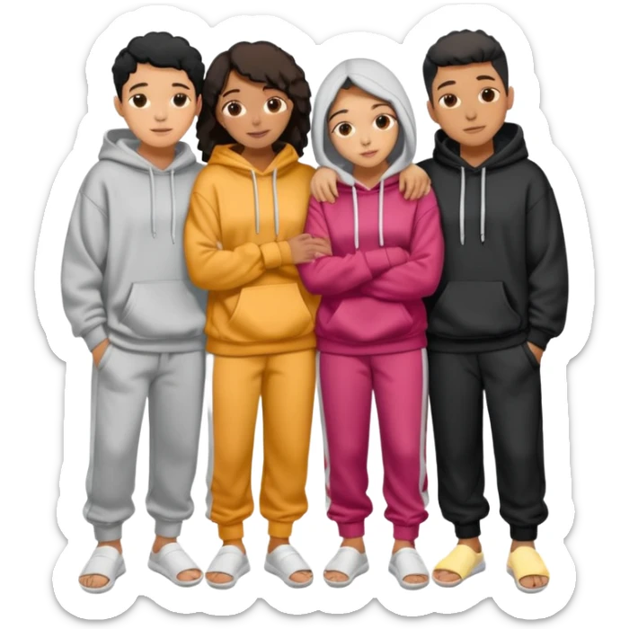 four mixed race friends all wearing oversized hoodies, sweatpants, and slides huddled together hugging sticker