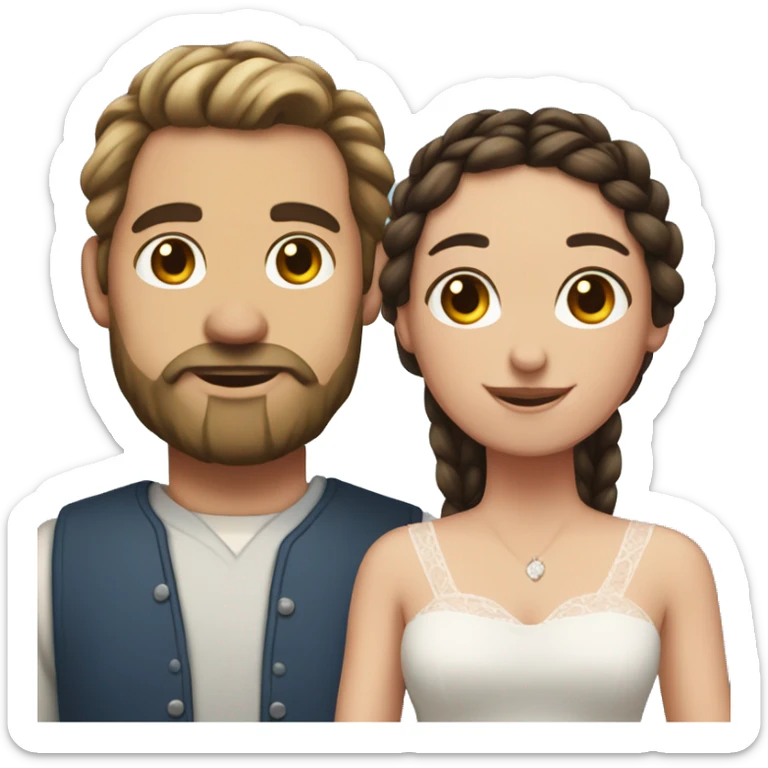 A man with dark brown hair and a beard married to a long brown haired women with pig tail braids  sticker