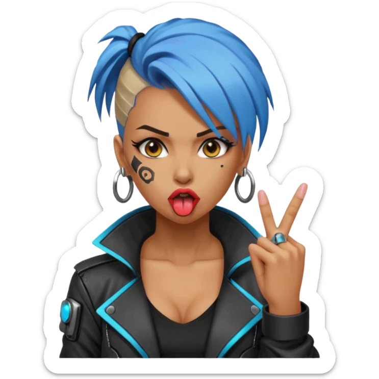Woman with her tongue out in cyberpunk clothing and giving the middle finger. Looking naughty. sticker