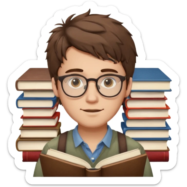 generate an ios genmoji of a fair 20 year guy with faint beard, spectacles, messy hair, books in hand sticker