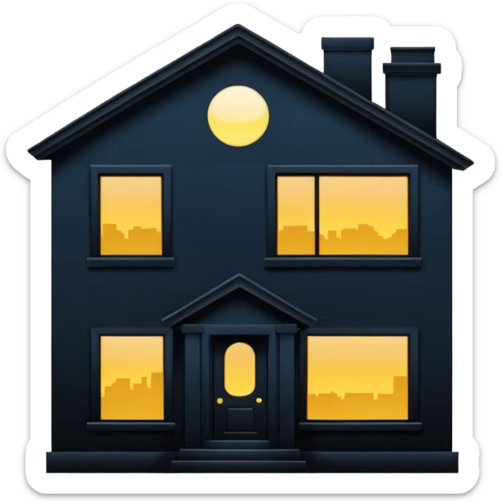 Minimalist emoji-style sticker of a house silhouette at night with a single lit window, and an eye visible inside. Flat, dark, quiet style.
 sticker