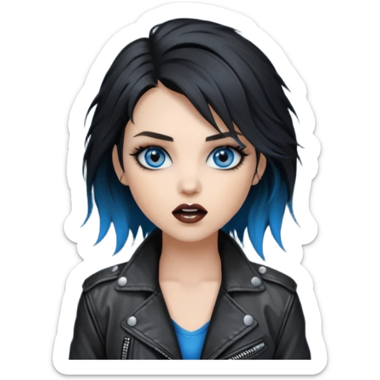 
 rockstar girl with black disheveled hair, blue eyes, Smokey eyes grunge makeup, singing  sticker