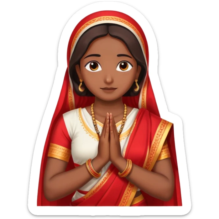 Bengali girl wearing traditional red and white saree with hands joined in prayer position sticker