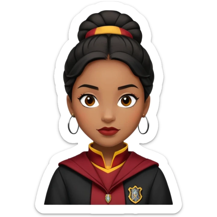 Angelina Johnson in harry potter, wear hogwarts gryfindor uniform,  thick, black bun hair , reflecting her bold, stylish, and strong personality sticker