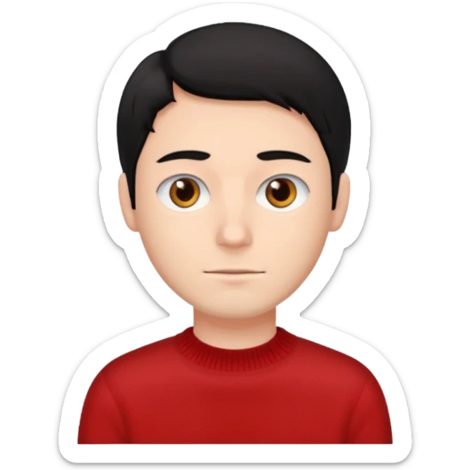 emoji of a guy with a red sweater, brown eyes, and black hair, neutral expression sticker