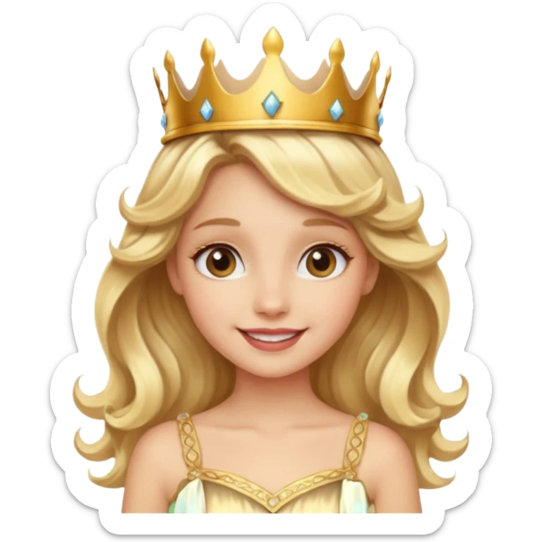 Cheerful blonde princess with wavy hair and light gold dress, wearing crown sticker