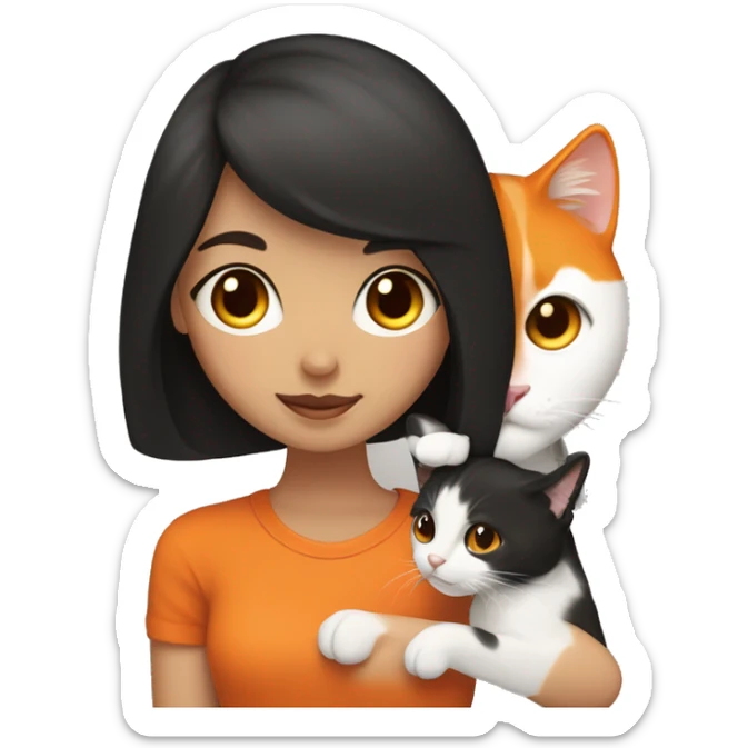 Brunette girl with brown eyes, holding a tricolor  black white and orange cat. Cat has one side of the face orange and the other side black. Mouth is white sticker