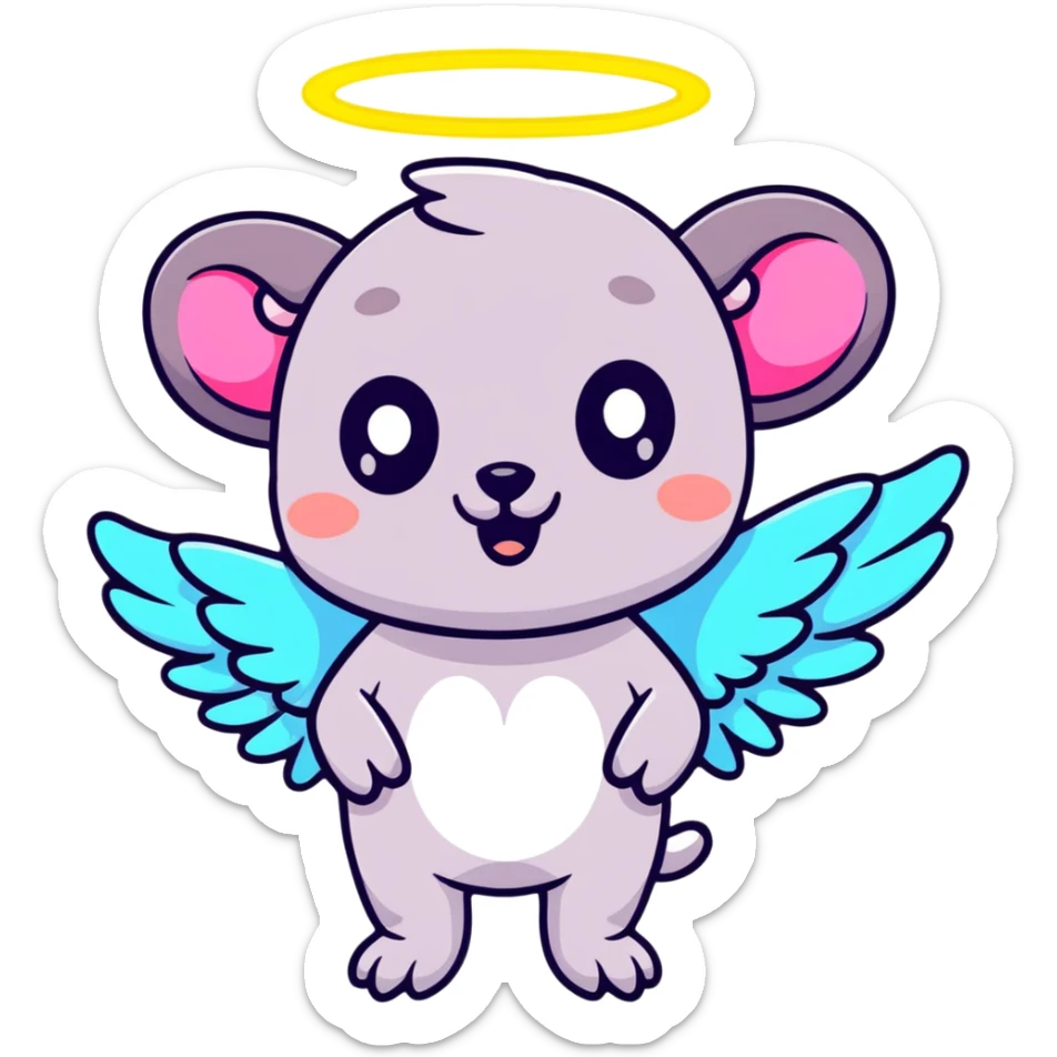 possum with angel wings, sparkles, glowing halo, vibrant neon colors, cute big eyes sticker