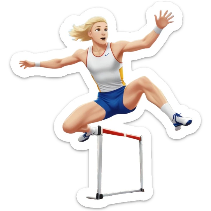 An icon of an white-skined athlete soaring over a hurdle, mid-jump, with a powerful form. The background features a vibrant stadium, with the track and hurdles in sharp focus, and a cheering crowd along the stands. The motion of the jump emphasizes speed and agility. Transparent background. sticker