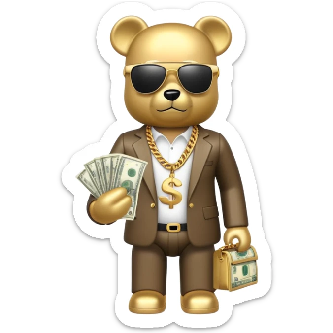 hustler bearbrick toy figure wearing gold chain, sunglasses and money sticker