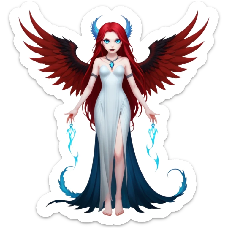 full body portrait of an extremely diabolical girl with pale white skin, massive towering wings, very long flowing blood red hair, glowing blue eyes, black hellfire aura, completely plain head with no accessories or features except hair, evil grin, no necklace sticker