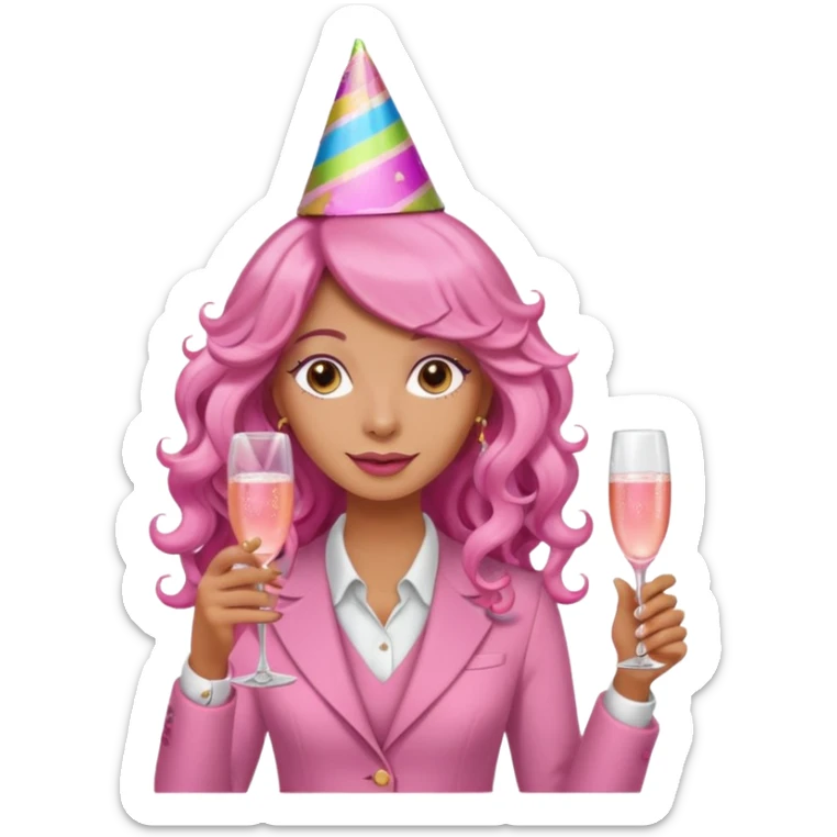One lady with long pink curled hair and tan skin holding a glass of  pink champagne in each hand sticker