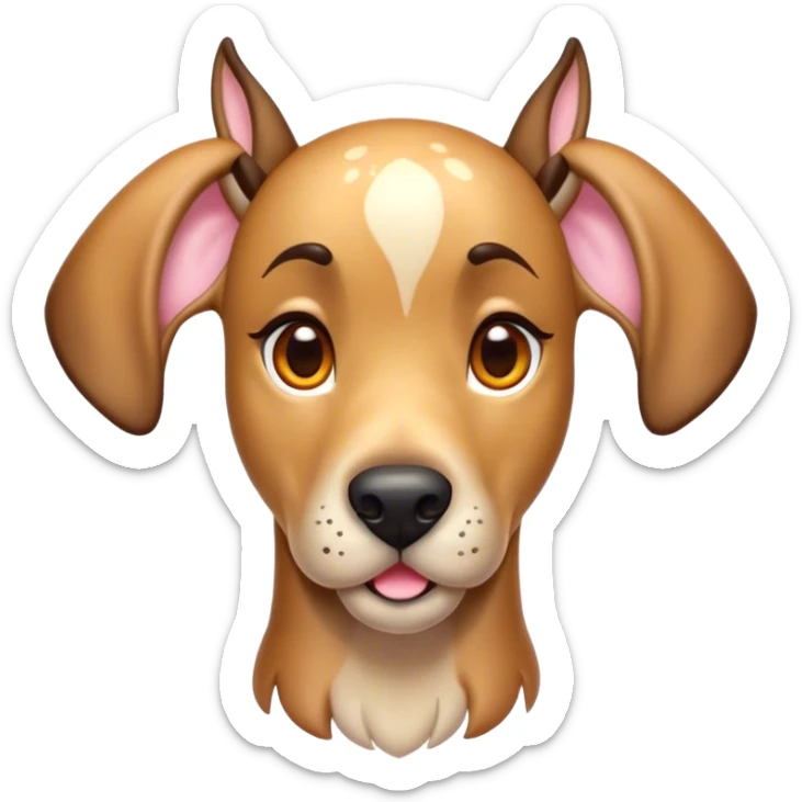 Cinematic Cute Fawn Great Dane Portrait Emoji, Head tilted playfully and inquisitively, showcasing a glossy fawn Fur with a subtle luster, round, sparkling amber eyes filled with curiosity, Simplified yet irresistibly adorable features, highly detailed, glowing with a warm, friendly glow, high shine, affectionate and gentle, stylized with a touch of whimsy, bright and endearing, soft glowing outline, capturing the essence of a mischievous yet loving pup, so playful it feels like it could lumber out of the screen and into your arms! sticker