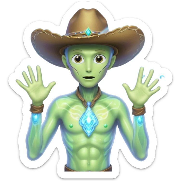 Portrait of an energy-based alien cowboy, translucent glowing body made of swirling light, holographic cowboy hat, sparks of energy floating around, dark background, cinematic lighting, ultra detailed sci-fi portrait
 sticker
