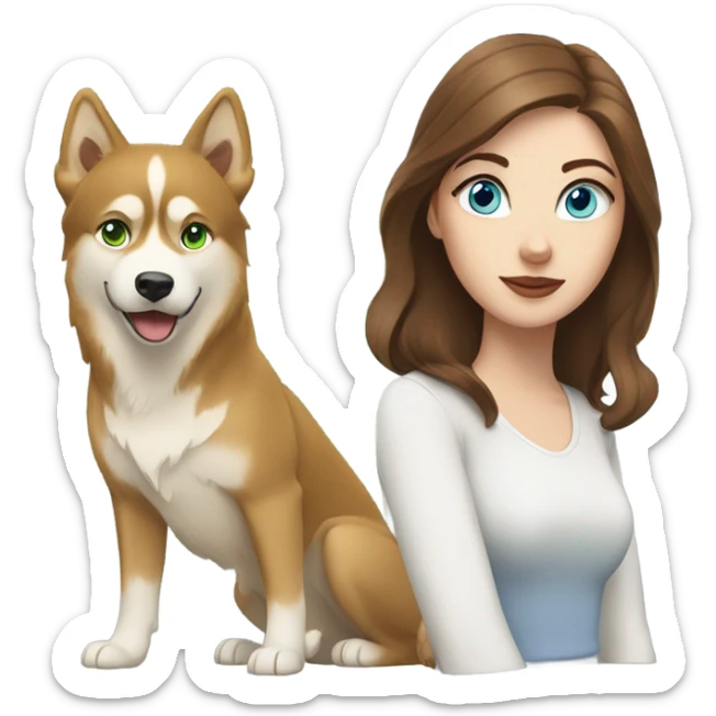 White Woman hair brown and bleus eyes and golden Husky With green eyes sticker