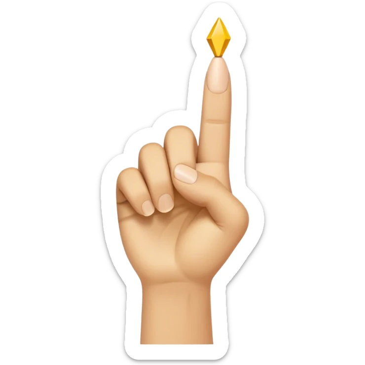 A finger being held up, the finger is yellow and the tip of the pointer finger is brown sticker