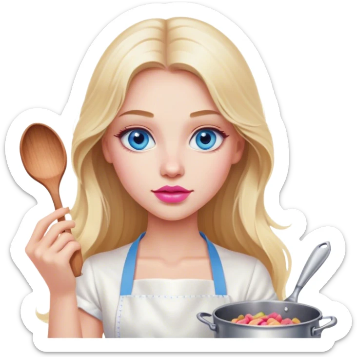 Cinematic realistic beautiful blonde with long hair, blue eyes and pink lips in a white dress cooks sticker