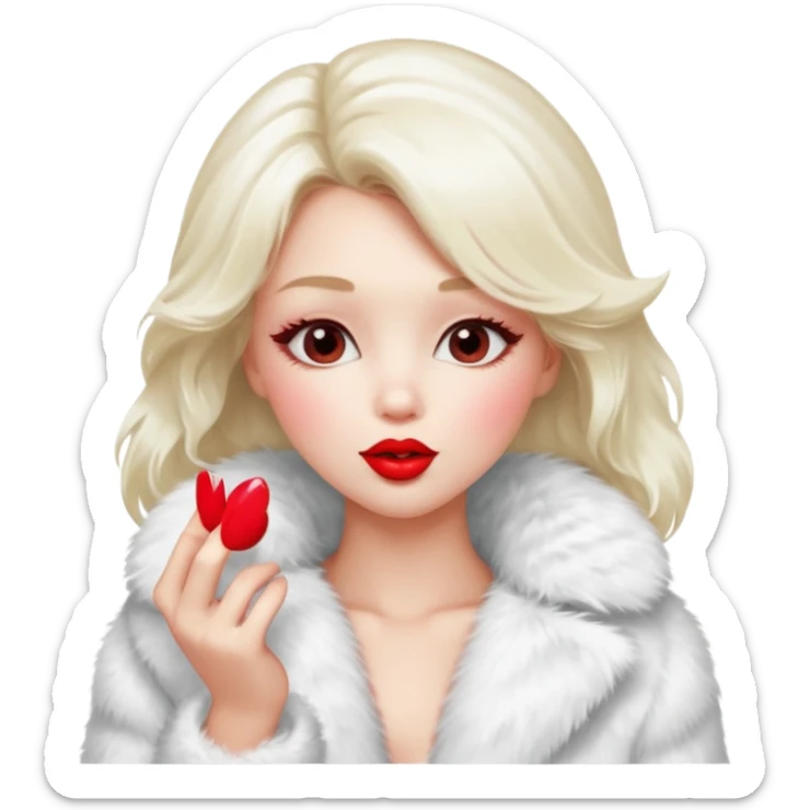 A beautiful, cute girl with red lipstick on her lips is posing for a photo in a white fur coat, and she's seen in full view, blowing a kiss. sticker