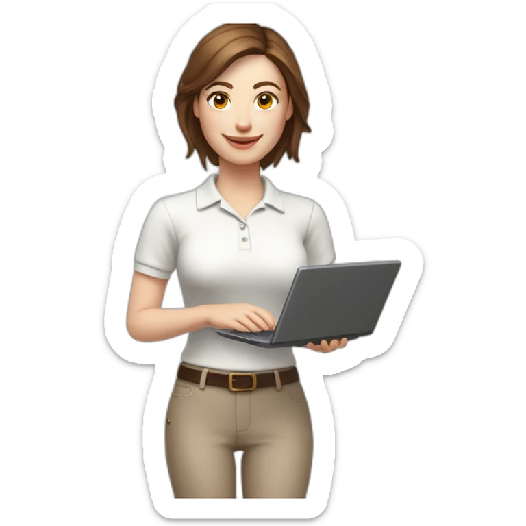 Smiling pale skin woman wearing a white woolly polo shirt with middle brown straight hair holding a laptop and a coffee mug on her right hand not full body shot sticker