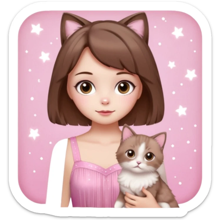 cute girl with short brown hair, soft girl makeup, sparkles, two light brown ragdoll cats, pink dreamy setting sticker