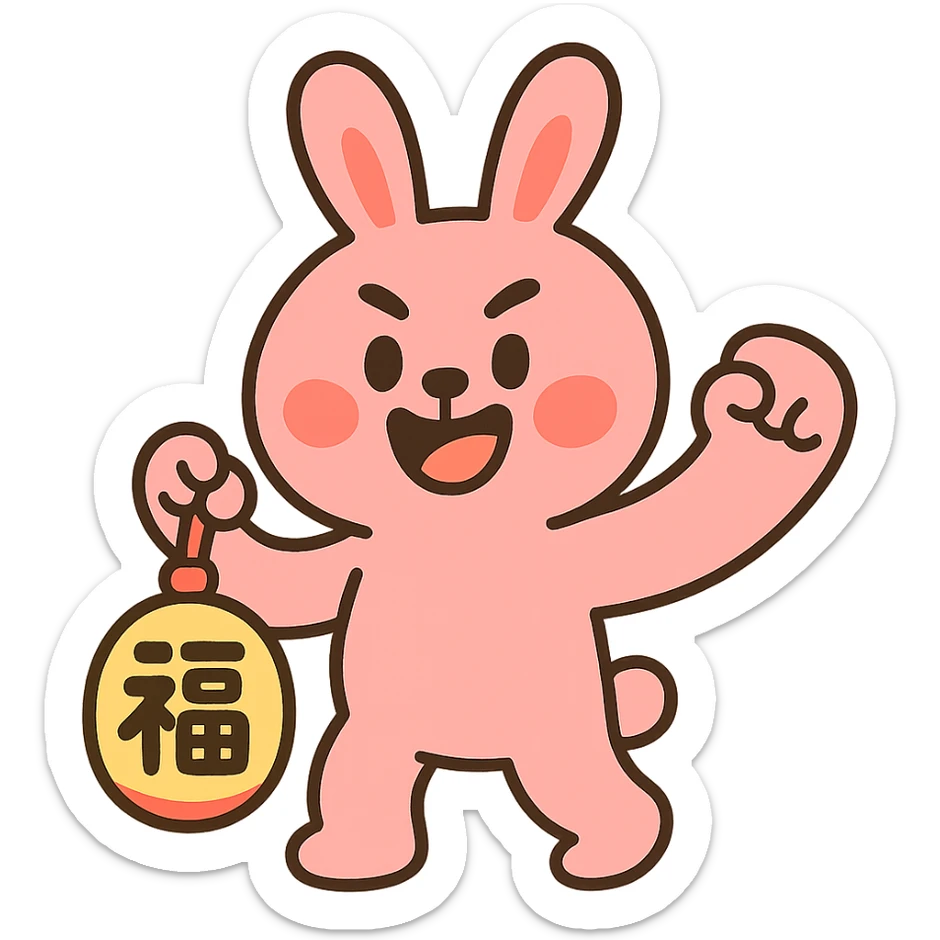pink bunny holding lucky charm and pumping fist, pastel-toon style sticker
