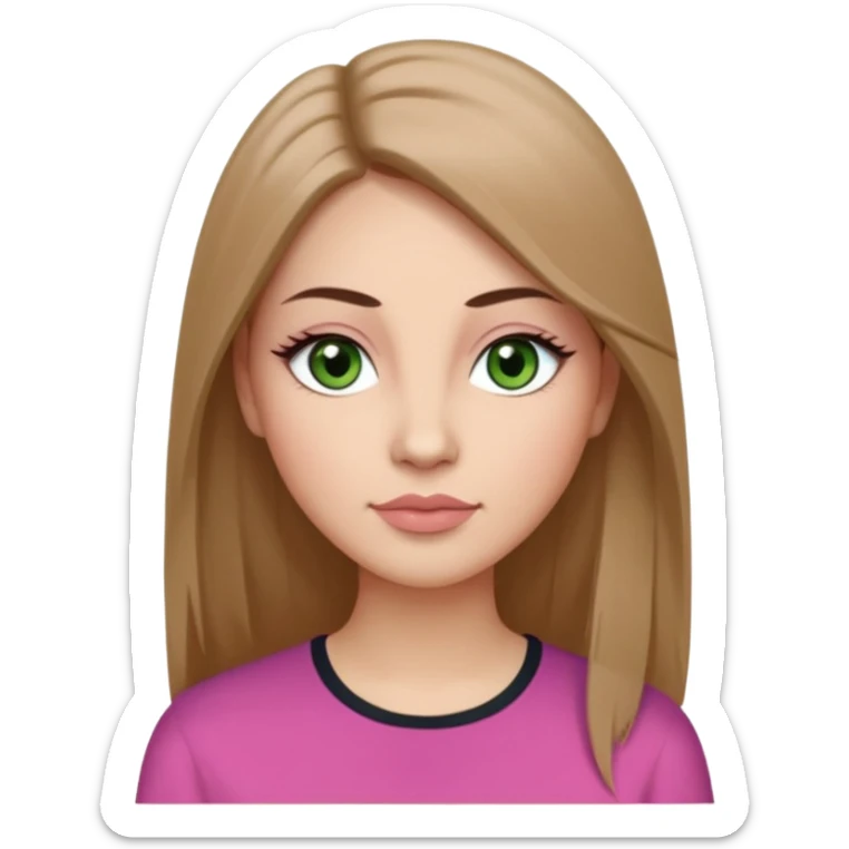 Adult woman avatar, light skin tone, oval face, long straight brown hair, green almond-shaped eyes with dramatic eyelashes and minimal eyeliner, neutral mouth, medium straight eyebrows, small nose, natural pink lips, smooth skin with light natural blush sticker