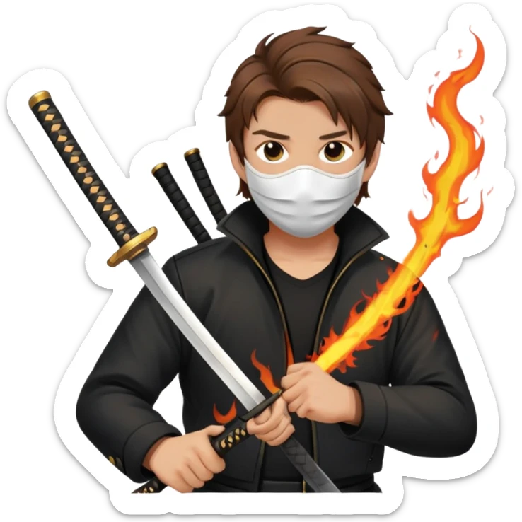El personaje tiene que ser hombre cabello castaño un tapaboca una chaqueta negra el fondo blanco y una katana llena de fuego sticker