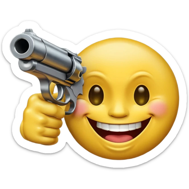 Yellow laughing face pointing gun at its own mount. The barrel of the gun is pointed towards the smile into the mouth. The back of the gun faces the viewer sticker