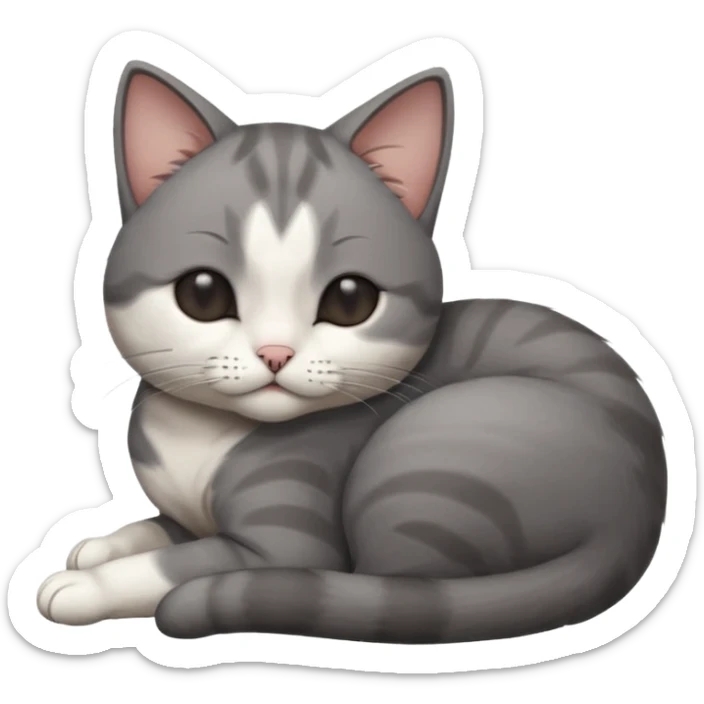 dark grey and white small cat with his eyes closed leaning his head on his paw while leaning on his elbow lying down sticker