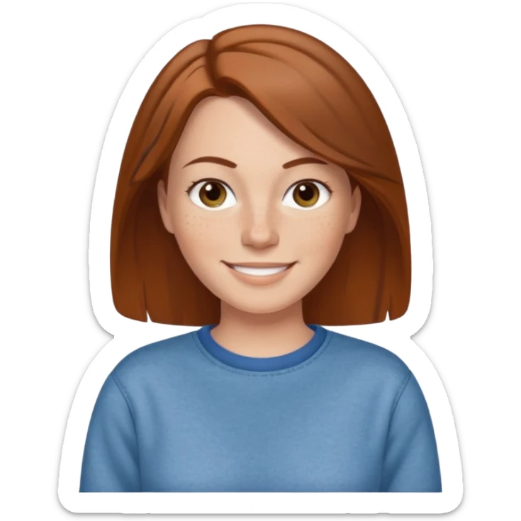 A 38 year old white woman with brown hair and freckles wearing a sweatshirt and jeans smiling sticker