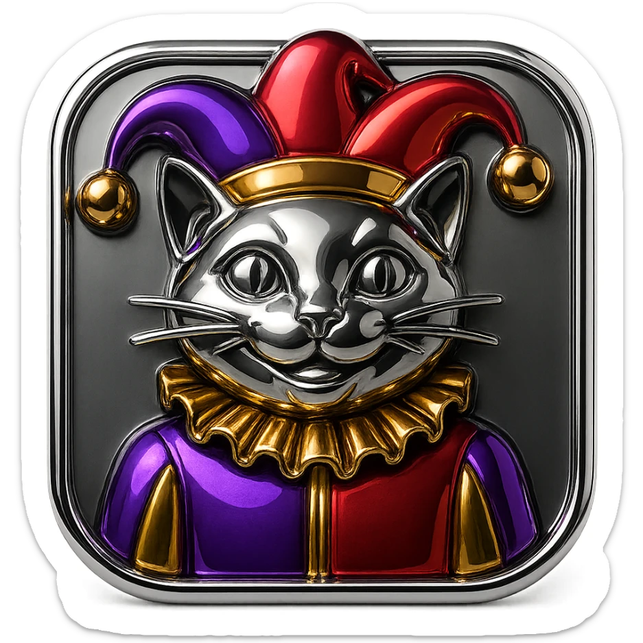 crazy colorful cute little cat jolly joker from poker, medieval, vintage, court jester, mac os icon, purple, gold and red color, half body. Squared shape as 3D mac os icon, symmetrical sticker