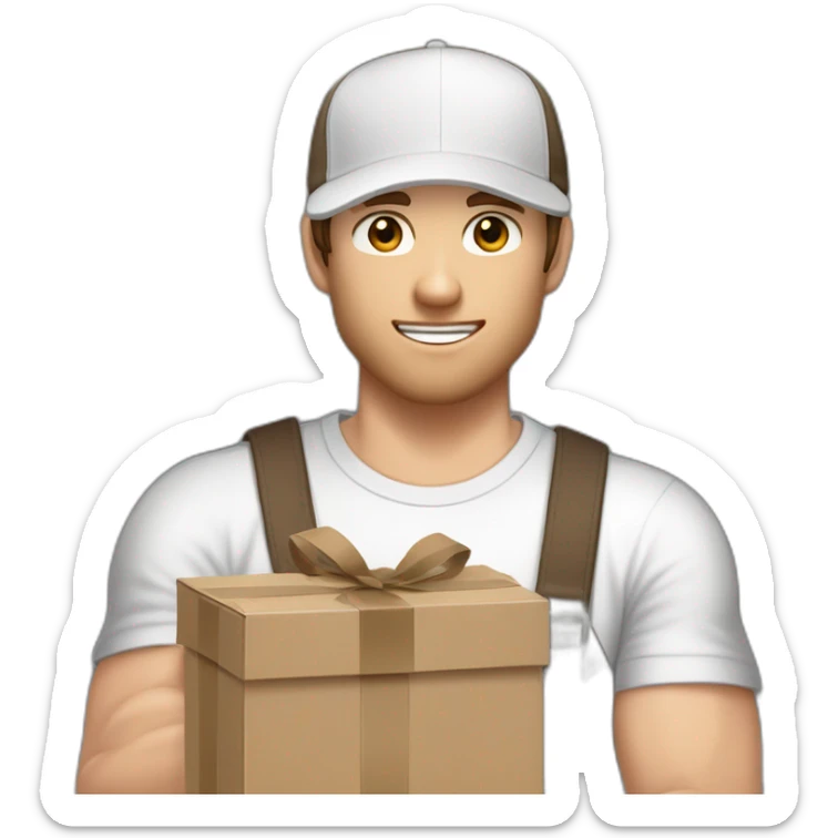 Pale skinned fit Man with dark brown hair in a light gray cap, dark brown jeans, brown polo and white T-shirt keeping a pasted with tape white box into his hands sticker