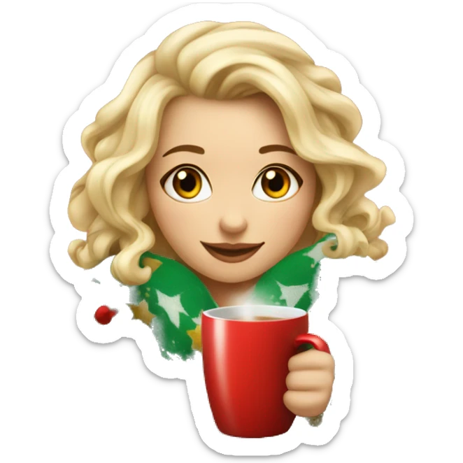 gorgeous girl with blond hair in cute Christmas blanket with mug of hot drink sticker