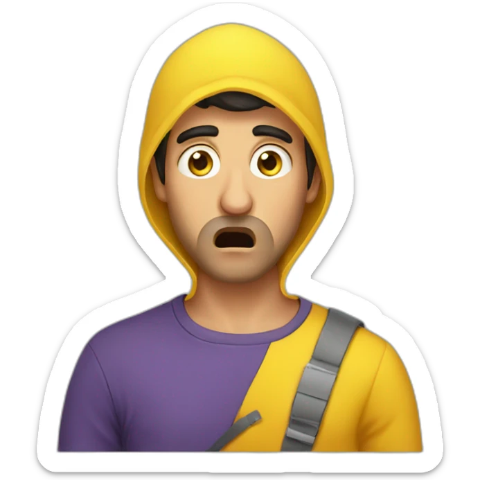 Armenian guy with yellow clothes shocked, covering his mouth with hand.  sticker