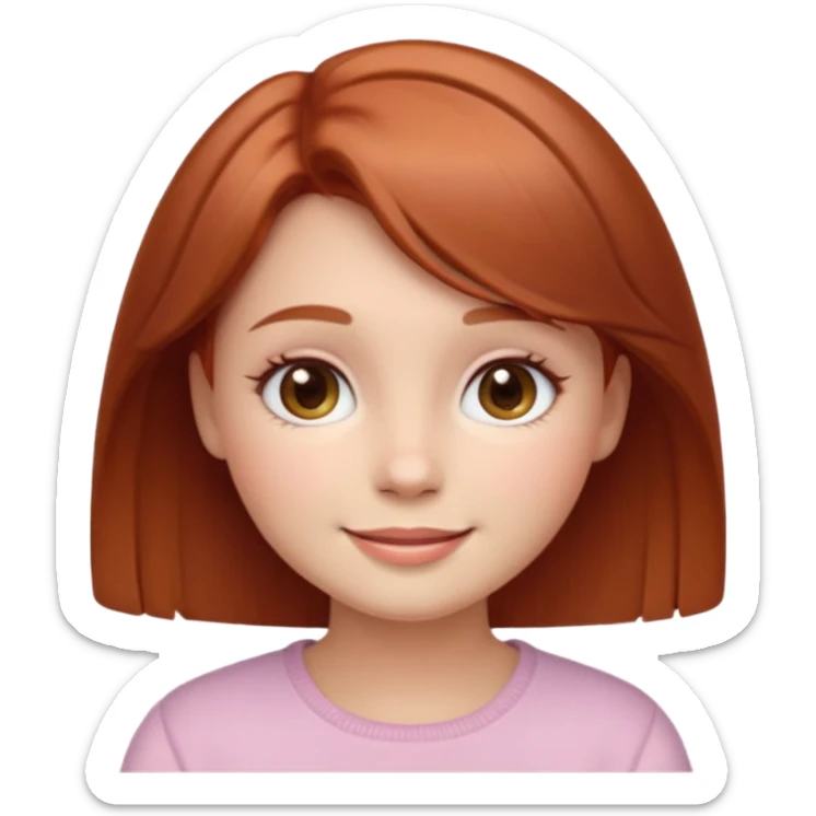 “Cute girly emoji portrait, warm friendly smile, short auburn hair with soft shine, rounded facial features, pastel color palette, subtle blush on cheeks, simplified facial details, soft gradient shading, cozy and feminine emoji style, clean light background. sticker