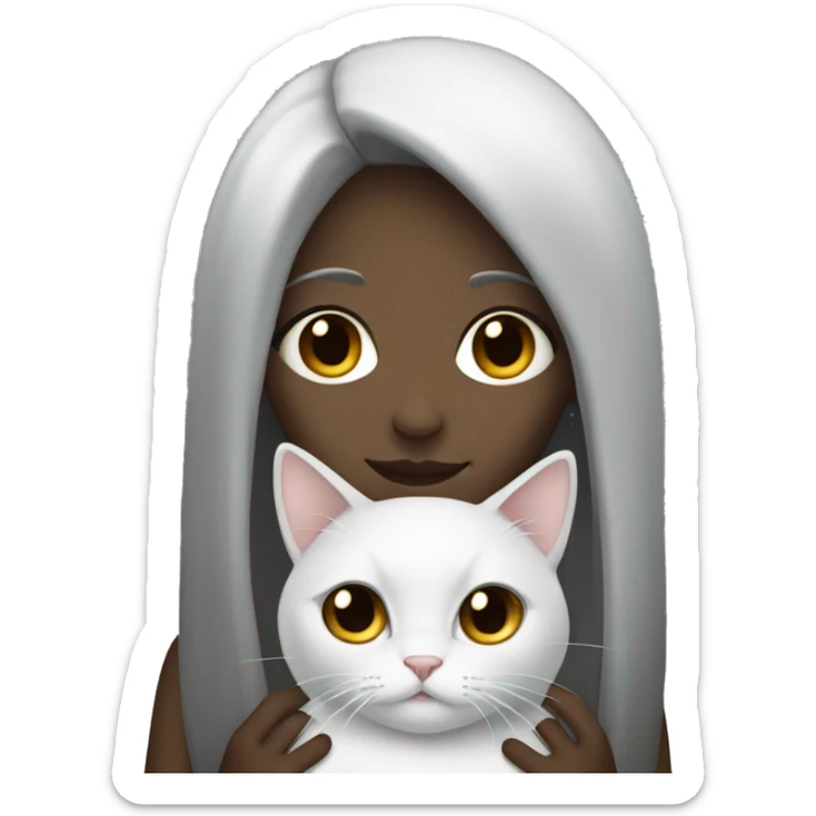 light girl with long dark hair and dark eyes, holding grey and white cat  sticker