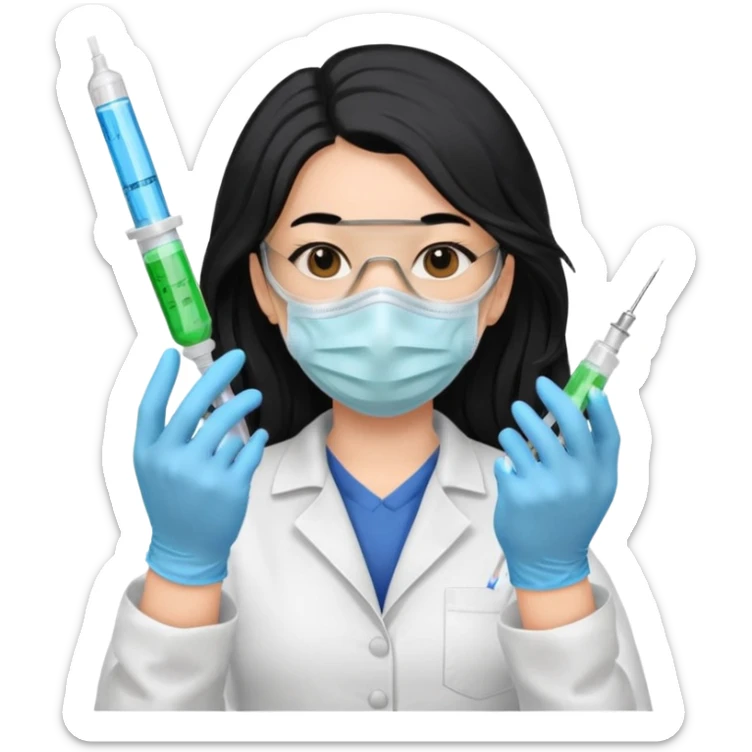 laboratorista con guantes  y mascarilla jeringa tubos  pelo negro largo triguella sticker