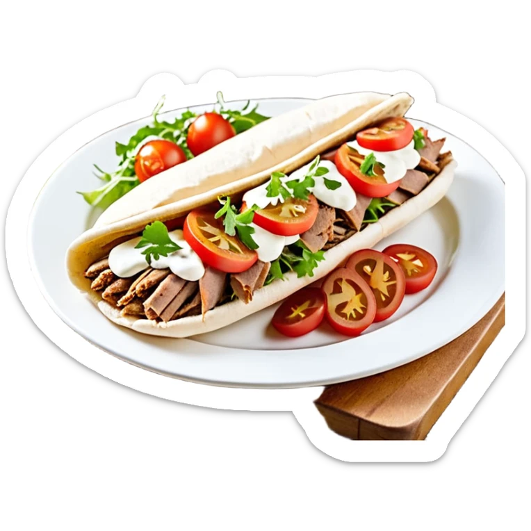 Döner im frisch aufgebackenen Fladenbrot, außen leicht knusprig, innen weich. Gefüllt mit saftigem Dönerfleisch, knackigem Salat, Tomaten, Zwiebeln und Kräutersauce. Warme Food‑Fotografie, hohe Details, natürliche Farben, appetitliche Präsentation, Fokus auf Texturen und Frische.“ sticker