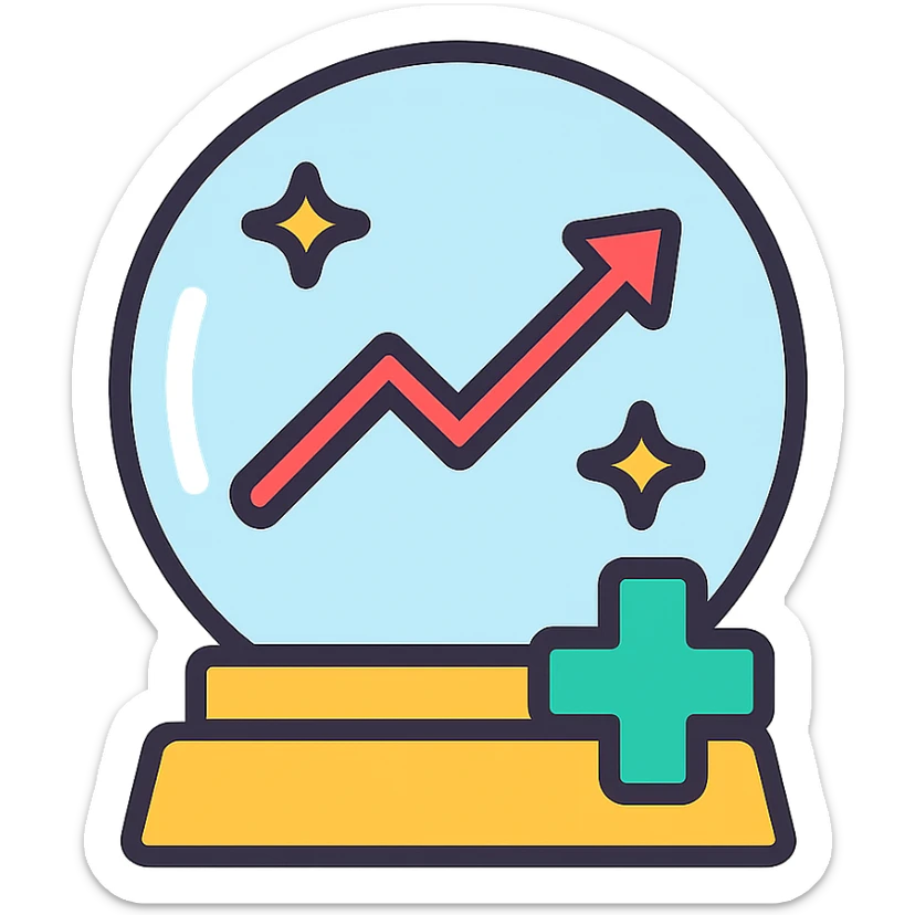Add an upward slope or rising line graph inside the crystal ball to symbolize improvement and positive healthcare outcomes. Keep the icon style clean and modern, maintaining healthcare symbols and color accents. sticker