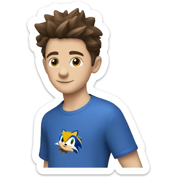 A young white boy with short brown hair and brown eyes wearing a blue sonic the hedgehog shirt
 sticker