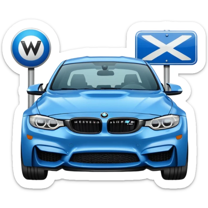 Make me an emoji with a blue bmw M3 and a street sign with W LZR on it sticker