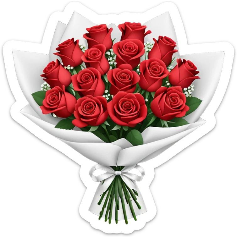 A paper-wrapped bouquet of fresh roses and baby’s breath sticker