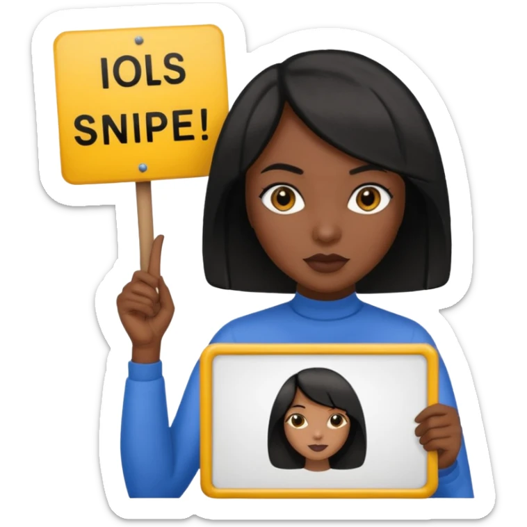 Dark skin woman with black bob in hair holding sign that says snipe  sticker