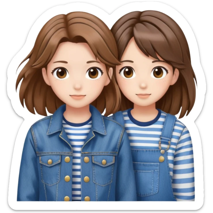 Two anime best friend girls with brown hair, one in striped shirt and denim jacket, one in denim overalls with hair clip sticker