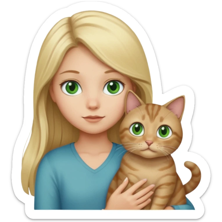 blonde girl with long blonde hair and blue eyes with tabby brown cat with green eyes and chubby gray cat with big green eyes sticker