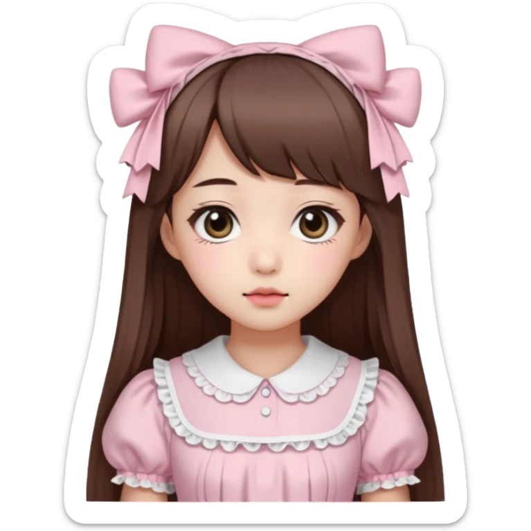 She has fair skin, is Korean, has long straight brown hair, slanted black eyes, with a very Kawaii baby pink lolita dress.  sticker